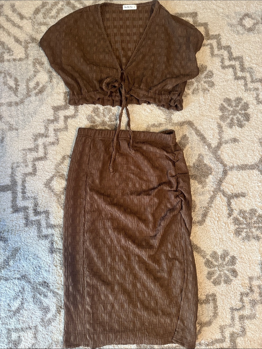 Brown Textured Midi Skirt with Side Ruching